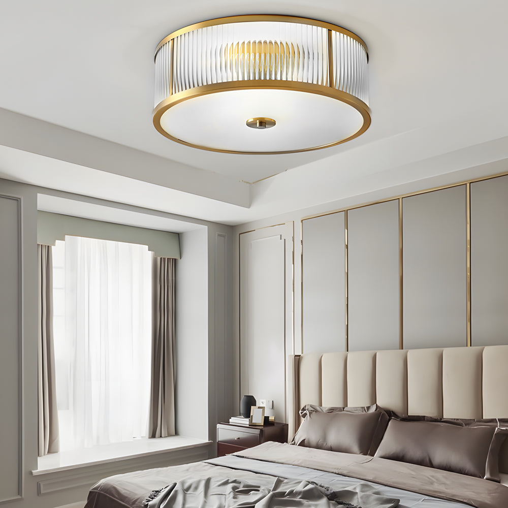 Modern Gold Drum Flush Mount Ceiling Light with Ribbed Glass Shade for Living Room and Bedroom