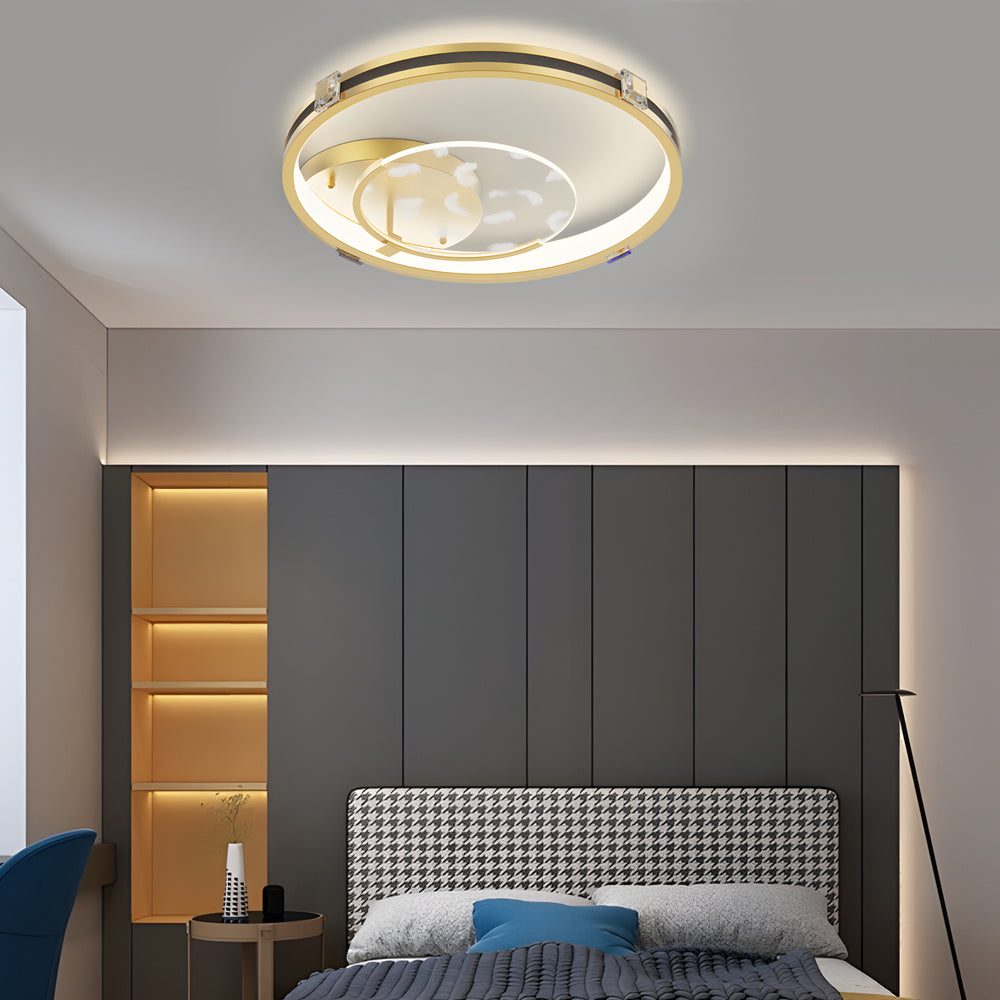 Modern Gold Feather Pattern Round LED Ceiling Lamp with Three Color Dimming Modes