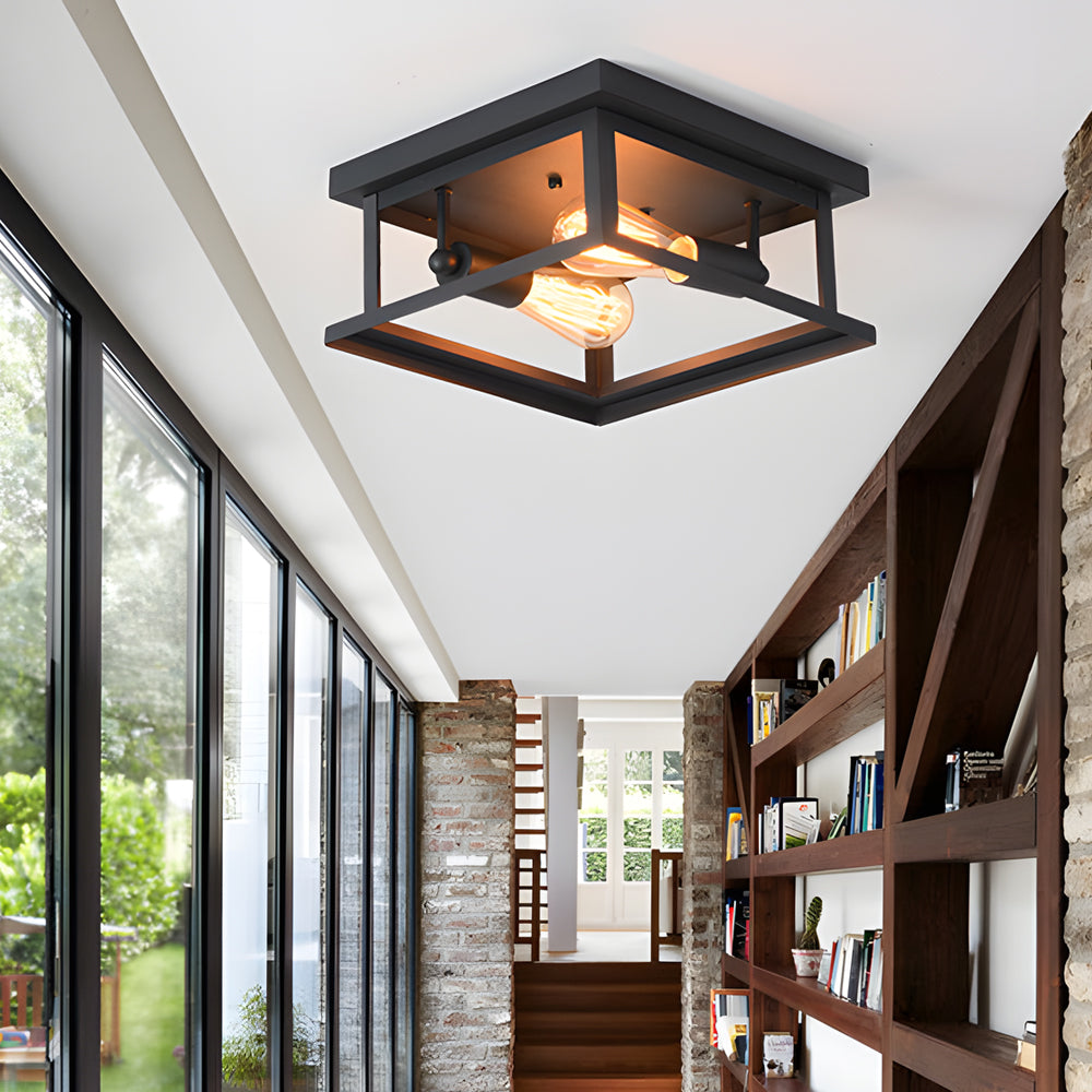 Industrial Square Metal Ceiling Lamp Rustic Black Iron Frame Flush Mount Light for Farmhouse Bedroom and Entryway