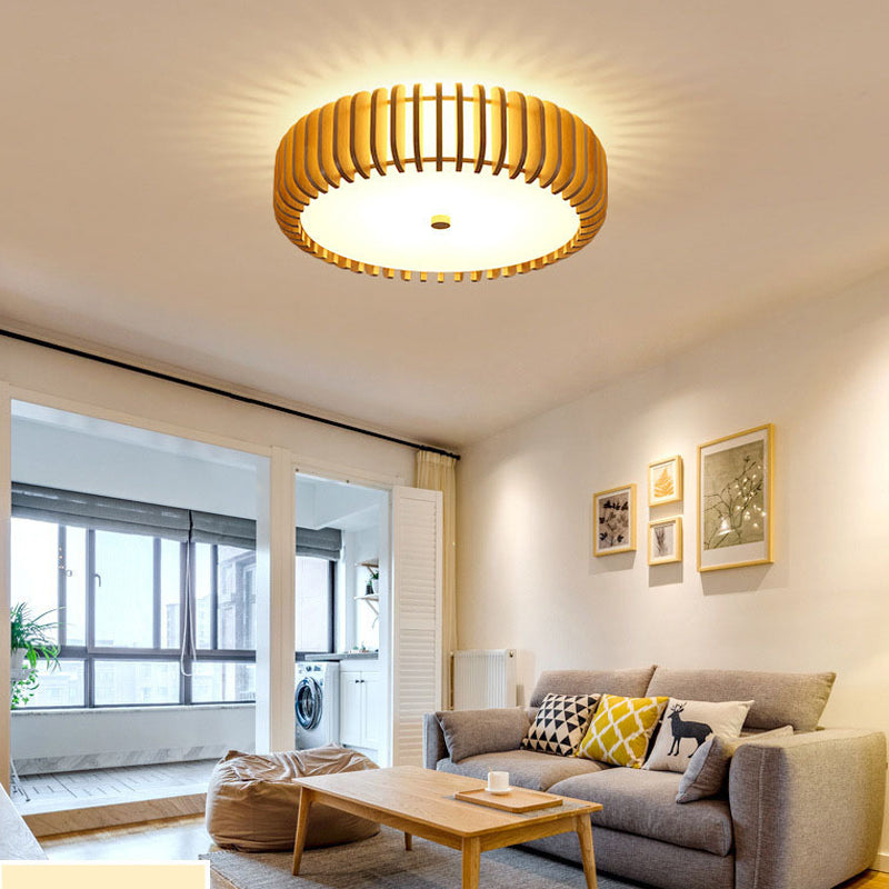 Modern Round Wooden LED Ceiling Light for Bedroom with 3 Step Color Dimming
