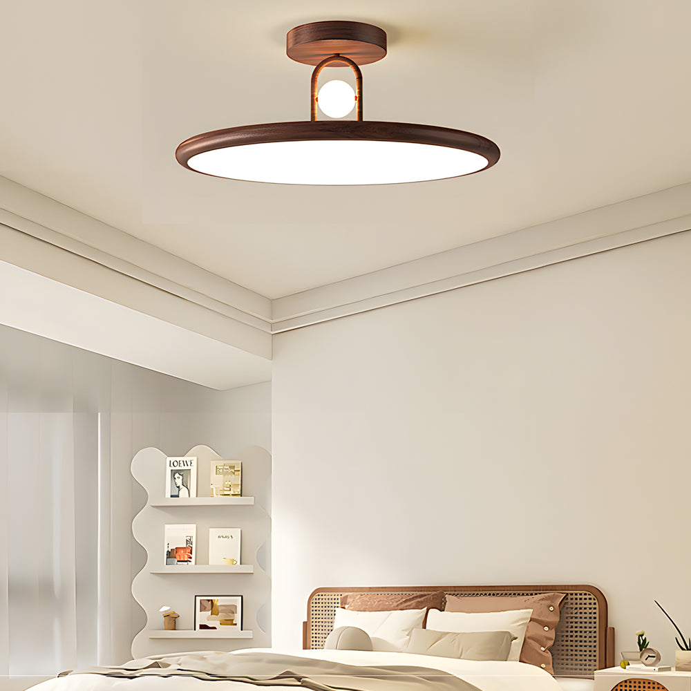 Mid Century Wood Grain Round Semi Flush Mount LED Ceiling Light for Modern Bedroom and Living Room