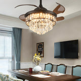 20 Inch Matte Black Crystal Fandelier Retractable Ceiling Fan with LED Lights and Remote Control