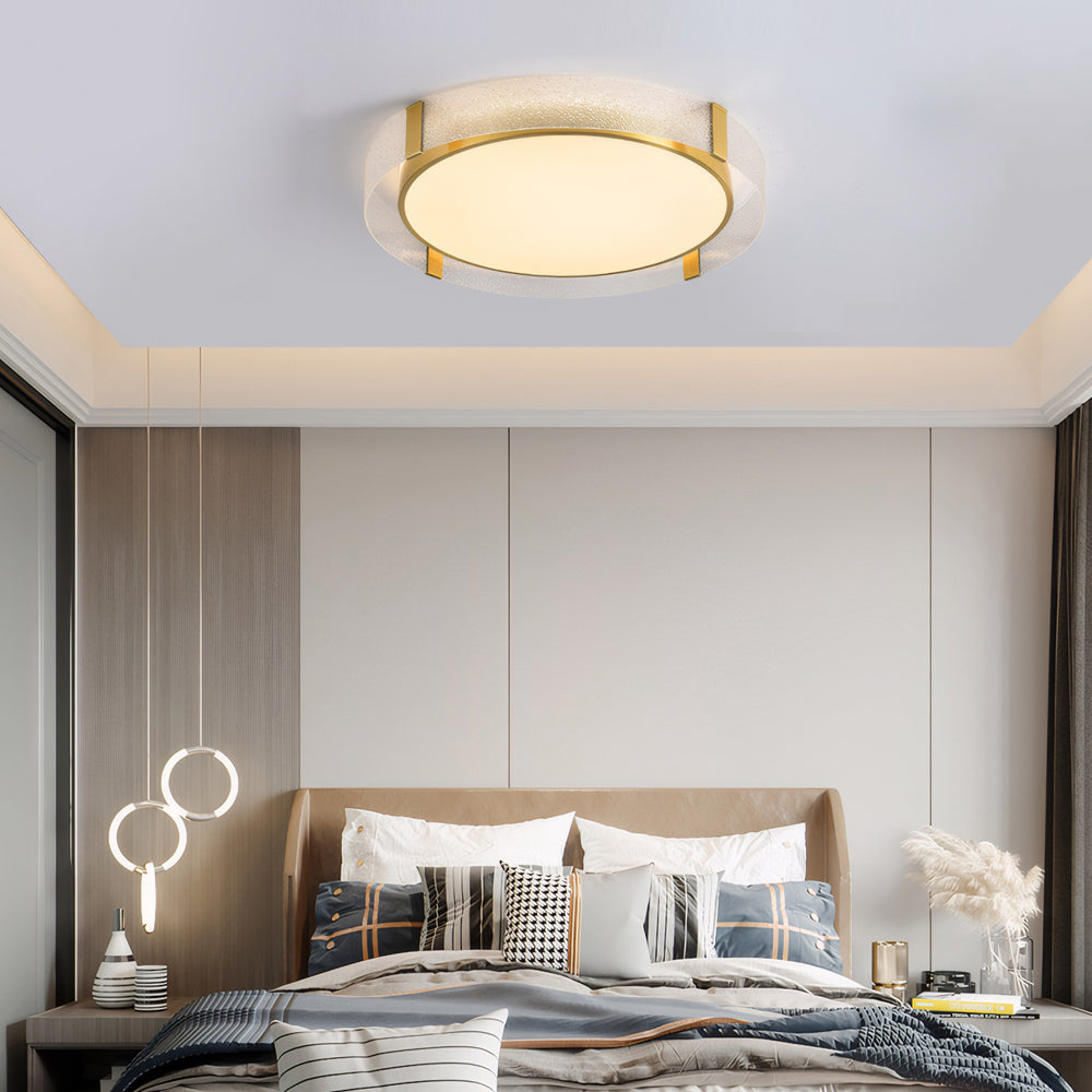 Modern Copper LED Flush Mount Ceiling Light with Water Ripple Glass Drum Shade Gold Finish