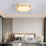 Modern Copper LED Flush Mount Ceiling Light with Water Ripple Glass Drum Shade Gold Finish