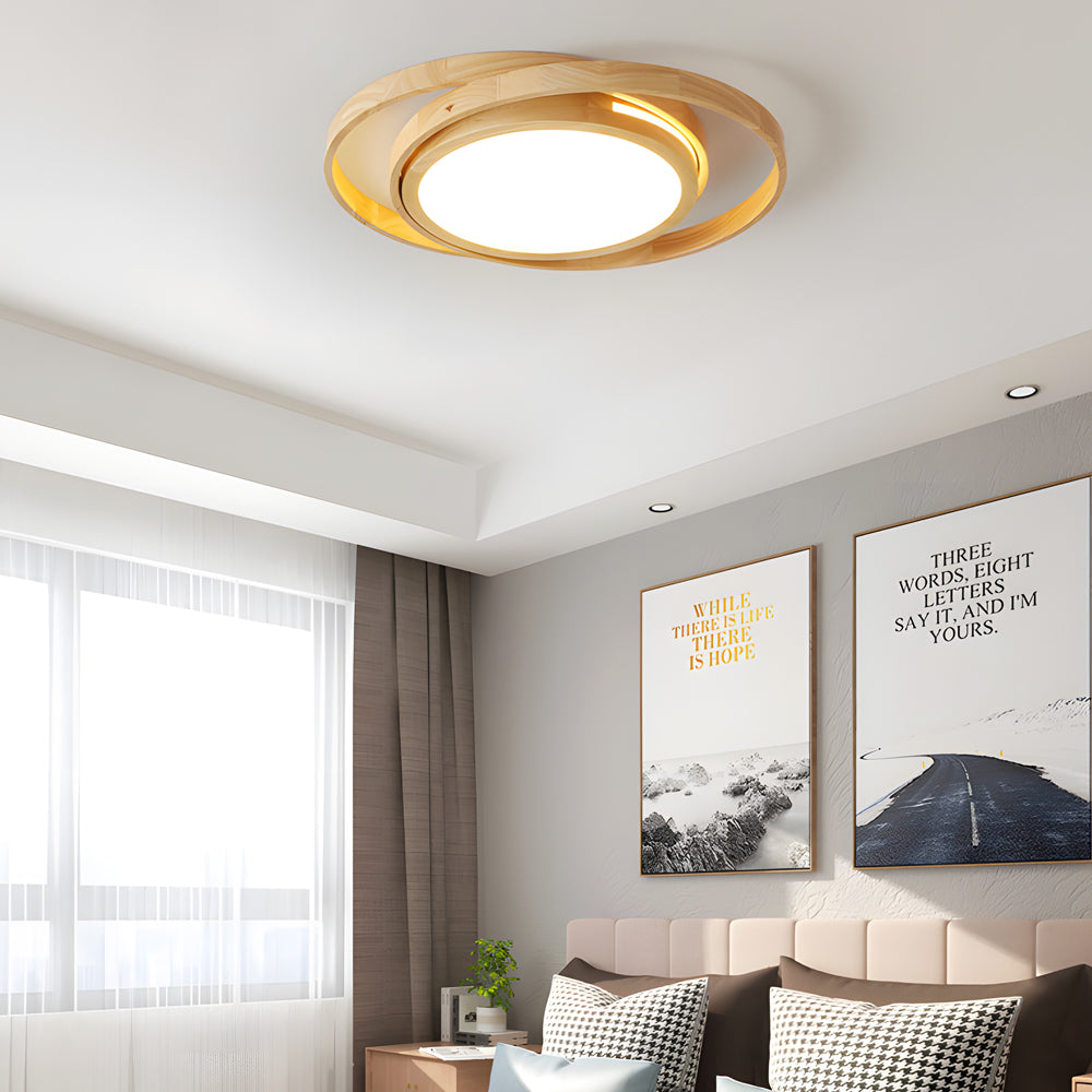 Modern Round Oak Wood LED Ceiling Light with Oval Rings Minimalist Flush Mount Fixture