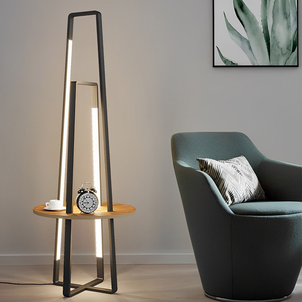 63 Inch Modern LED Tray Floor Lamp with Dimmable Lighting and Wooden Side Table for Living Room