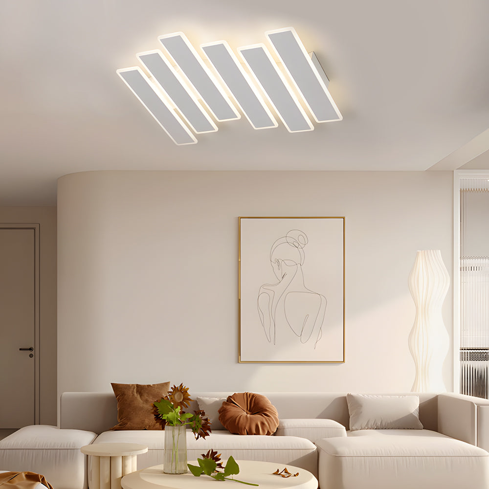Modern White Geometric Linear LED Ceiling Light Dimmable Flush Mount with Remote Control