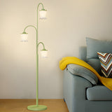 French Style Green Tulip Arc Floor Lamp with Three Dimmable Flower Glass Shades for Living Room