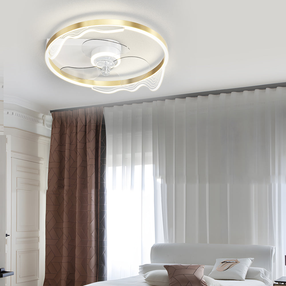 Modern Low Profile Flush Mount Ceiling Fan LED Round Acrylic Wave Decor 3 Color Dimming