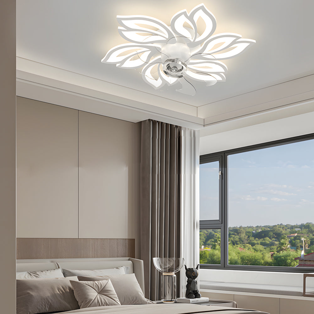 Modern Flower Design Low Profile Ceiling Fan with 3 Color Dimming LED Light for Bedroom and Living Room