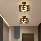 Modern Walnut Wood Cube Semi Flush Mount Ceiling Light with White Glass Shade