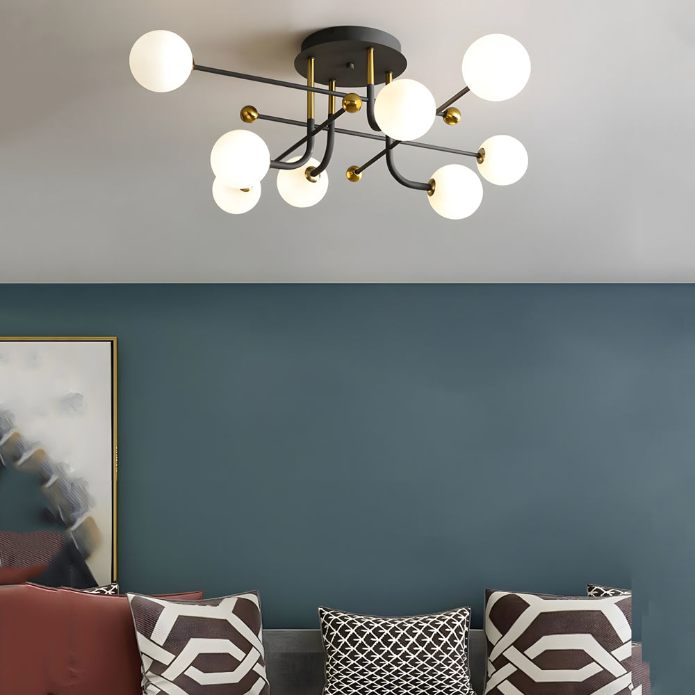 Modern Sputnik Globe Semi Flush Mount Ceiling Light with Milky White Glass Shades