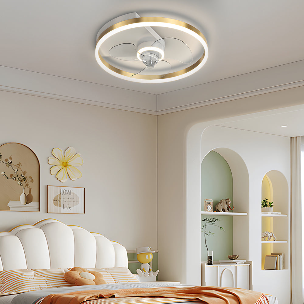 Modern Round Flush Mount Ceiling Fan with Silent LED Light and Three Step Dimming Design