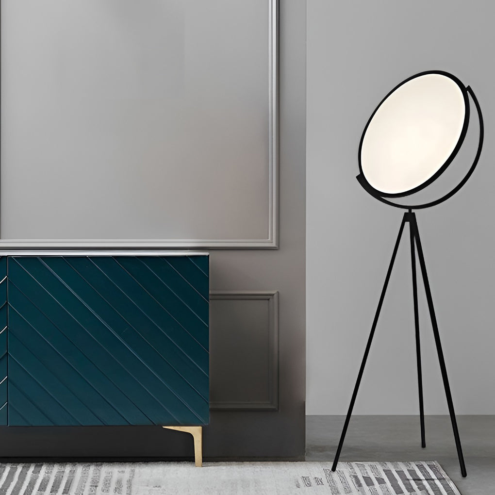 Modern Black Tripod Floor Lamp with Rotating LED Disc and Acrylic Diffuser for Bedroom and Living Room