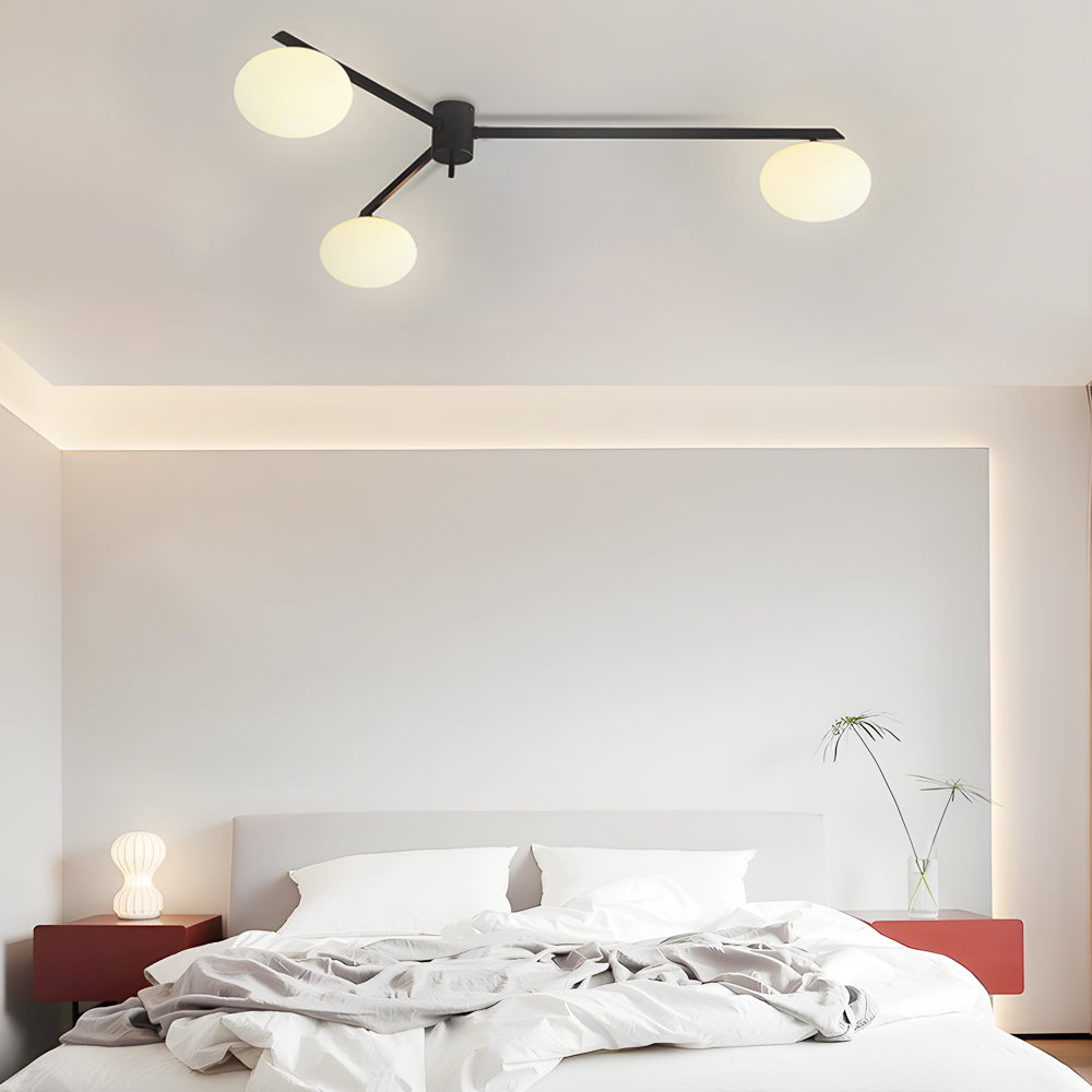 Modern White Glass Globe Semi Flush Mount Ceiling Light with Black Iron Arms