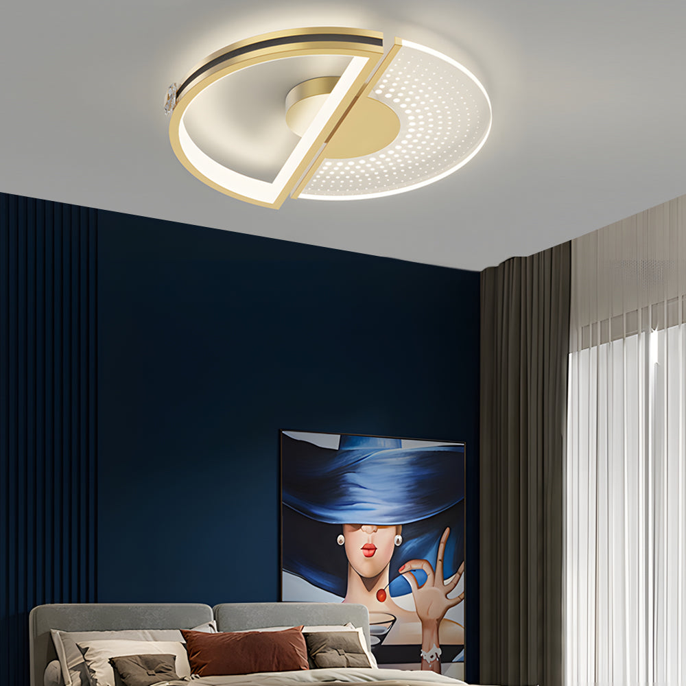 Modern Gold LED Ceiling Light with Crystal and Leather Detail 3 Step Dimming Round Flush Mount Fixture