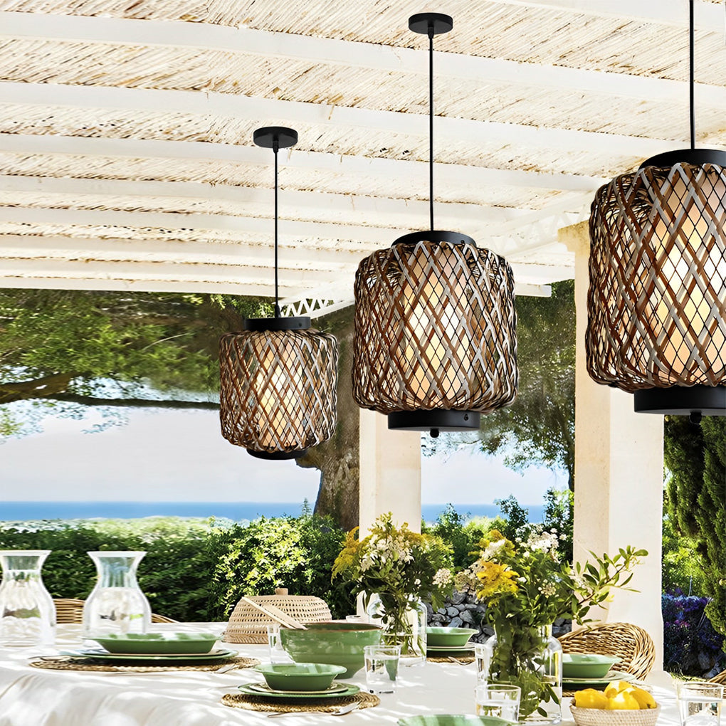 Hand Woven Rattan Outdoor Chandelier Waterproof Rustic Hanging Pendant Light for Garden Patio Yard