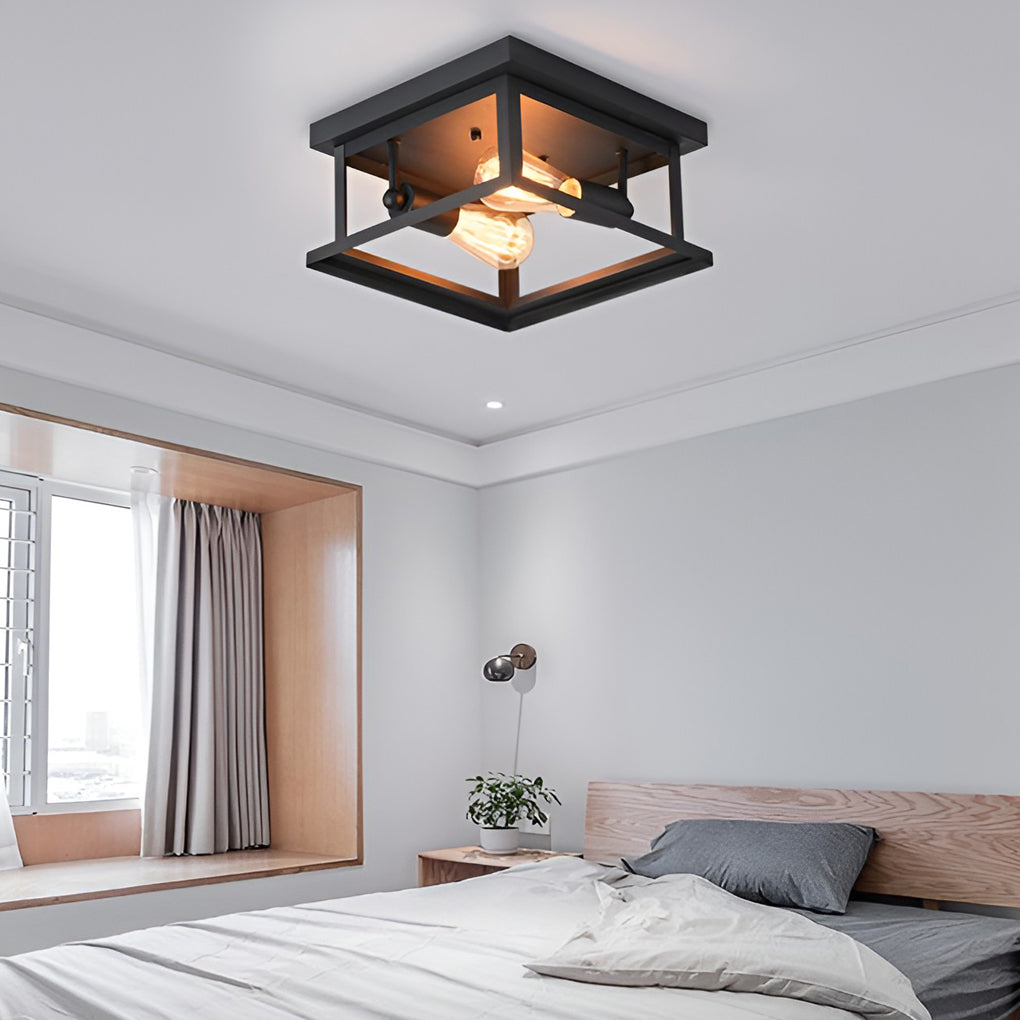 Vintage Square Iron Flush Mount Ceiling Light Retro Industrial Black Metal Fixture