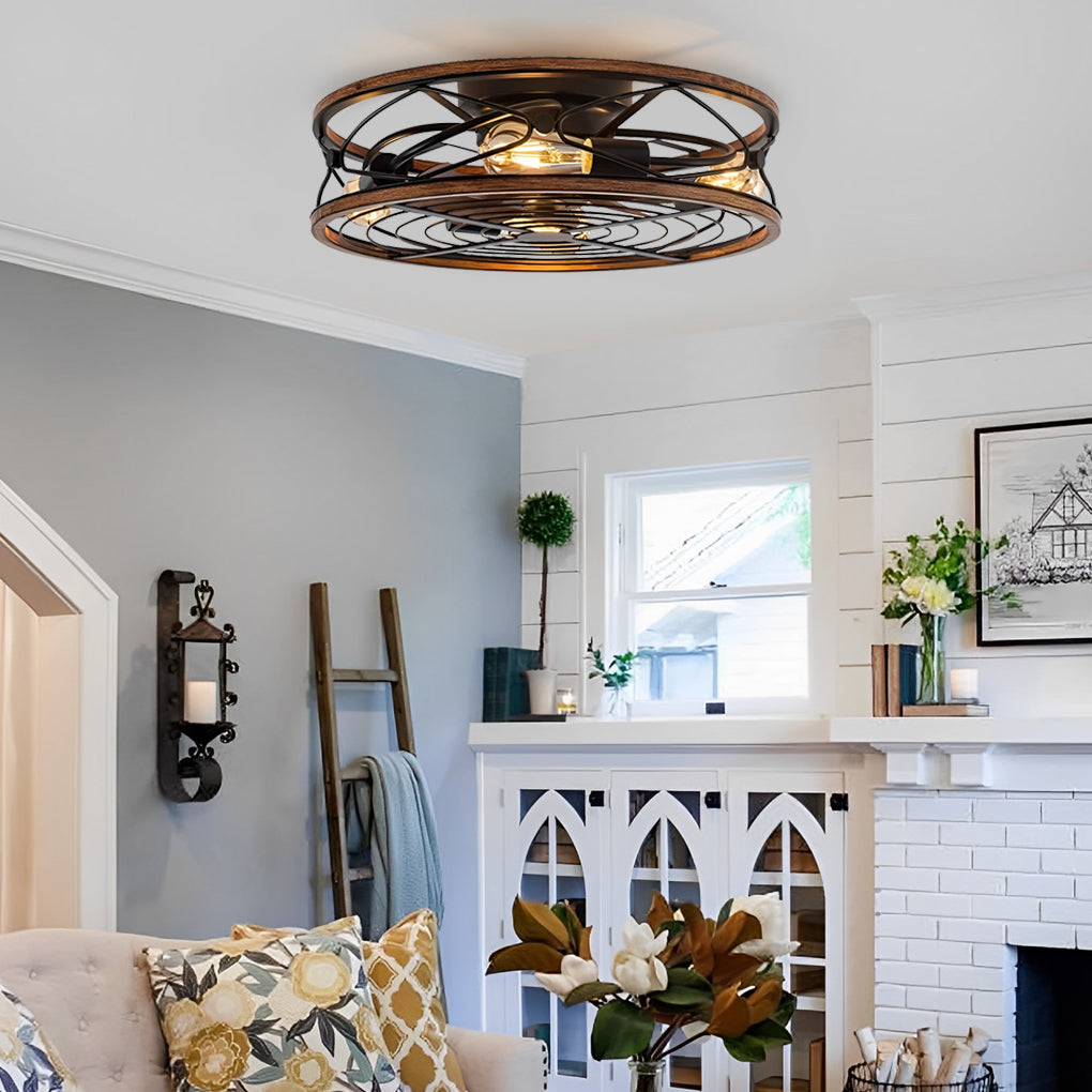 Industrial Metal Bladeless Ceiling Fan with Light Silent Low Profile Flush Mount Cage Fan Lamp