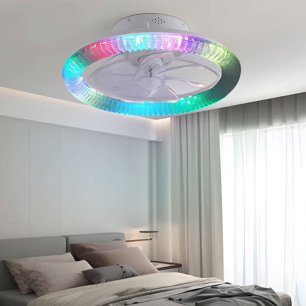 Modern White Round RGB Dimmable Flush Mount Ceiling Fan with Remote Control LED Light