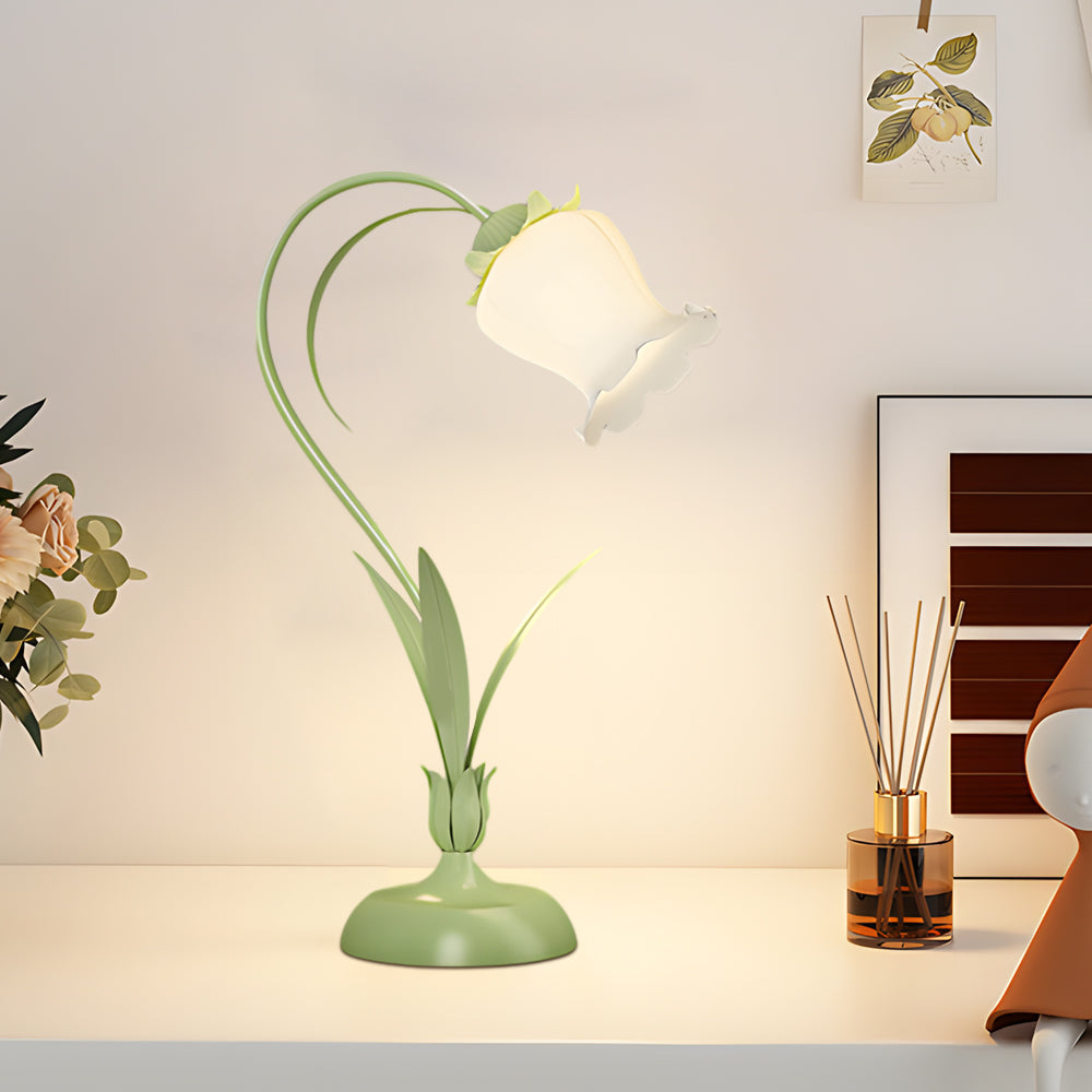 Green Floral Glass Table Lamp with 3 Color Temperature Modes and Vintage Iron Base