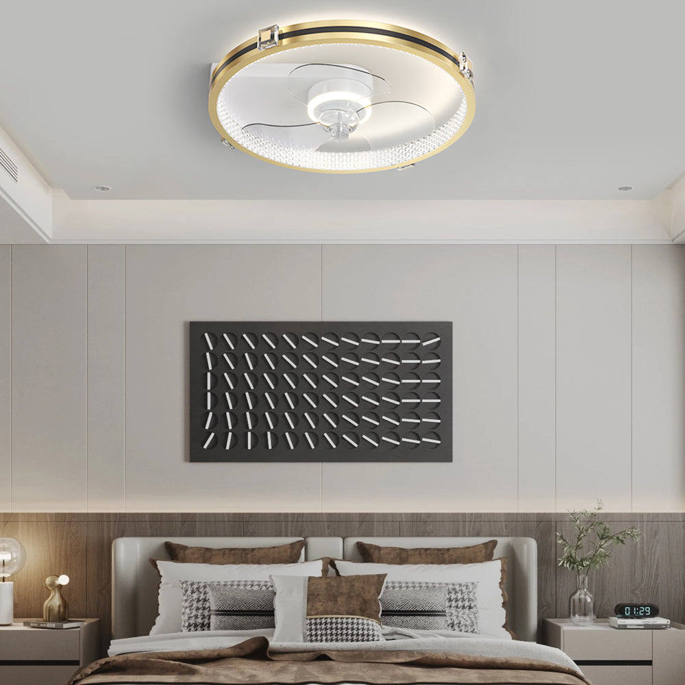 Modern Gold Ring LED Ceiling Fan with 3 Color Dimming Flush Mount Light for Bedroom Study