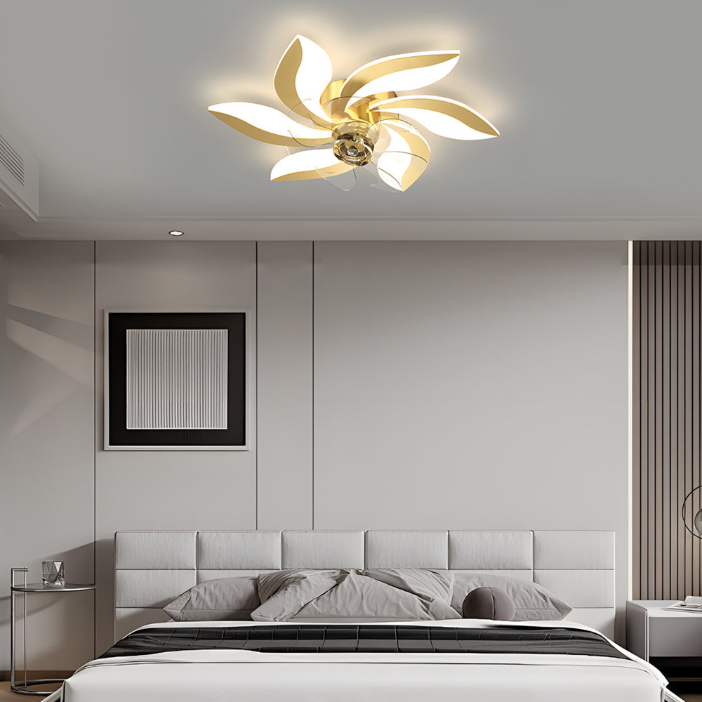 Modern Flower Petal Flush Mount Ceiling Fan with 3 Color Dimming LED Light