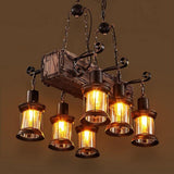 6 Light Antique Wood Lantern Chandelier Rustic Farmhouse Ceiling Pendant Light Fixture