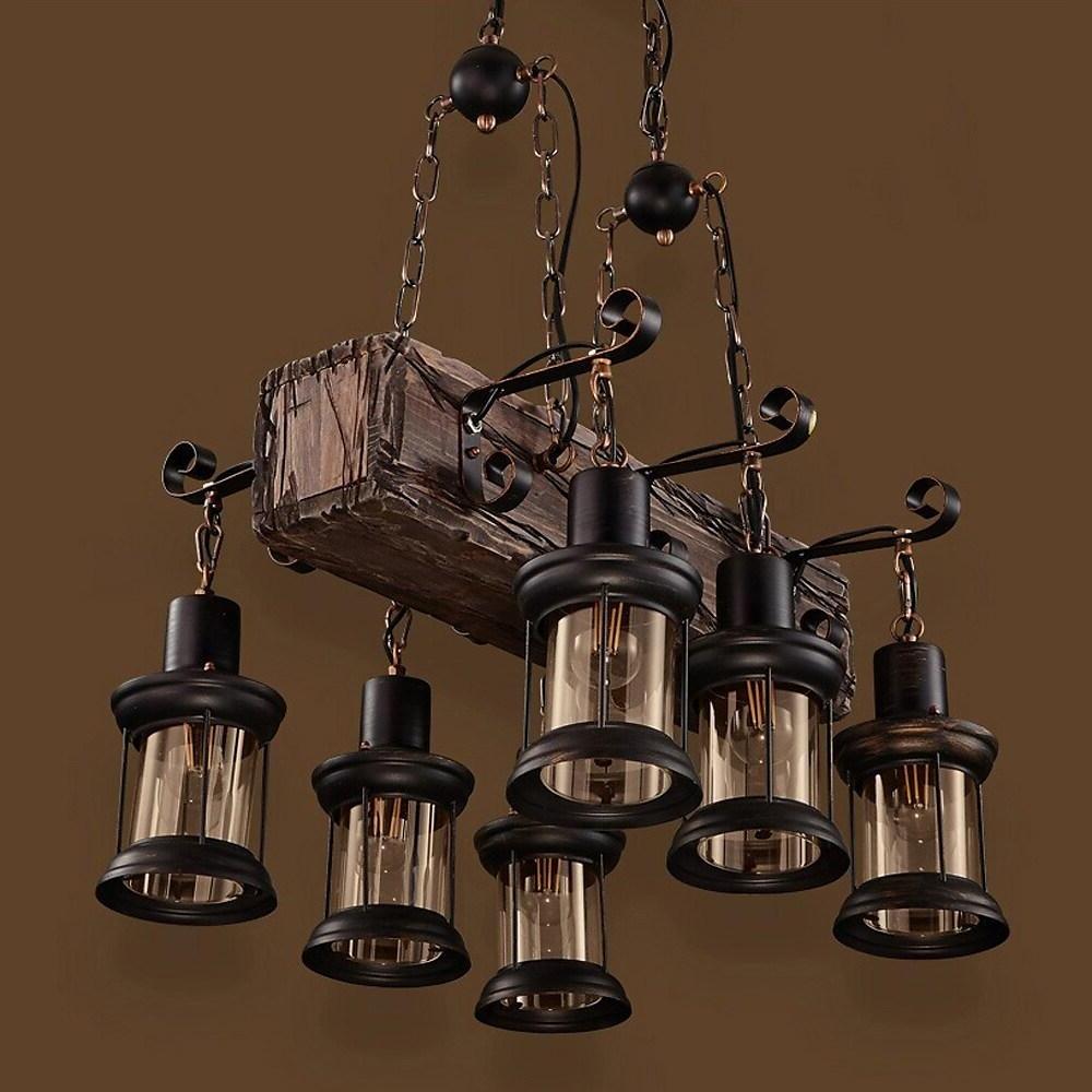 6 Light Antique Wood Lantern Chandelier Rustic Farmhouse Ceiling Pendant Light Fixture