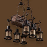 6 Light Antique Wood Lantern Chandelier Rustic Farmhouse Ceiling Pendant Light Fixture
