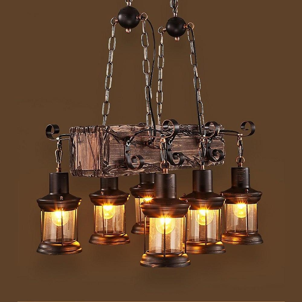 6 Light Antique Wood Lantern Chandelier Rustic Farmhouse Ceiling Pendant Light Fixture