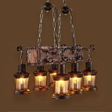 6 Light Antique Wood Lantern Chandelier Rustic Farmhouse Ceiling Pendant Light Fixture