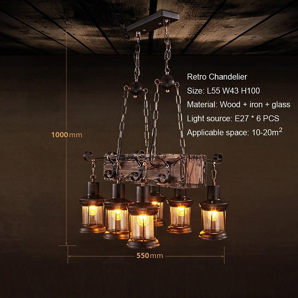 6 Light Antique Wood Lantern Chandelier Rustic Farmhouse Ceiling Pendant Light Fixture
