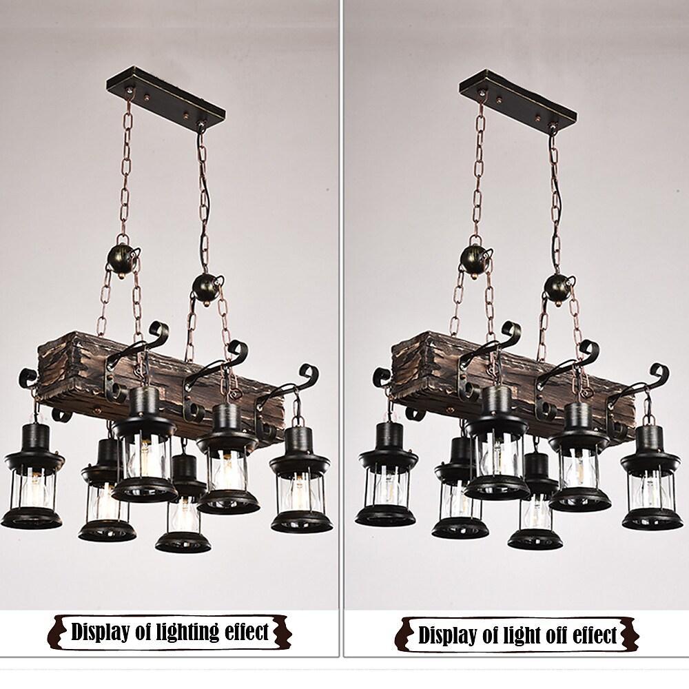 6 Light Antique Wood Lantern Chandelier Rustic Farmhouse Ceiling Pendant Light Fixture