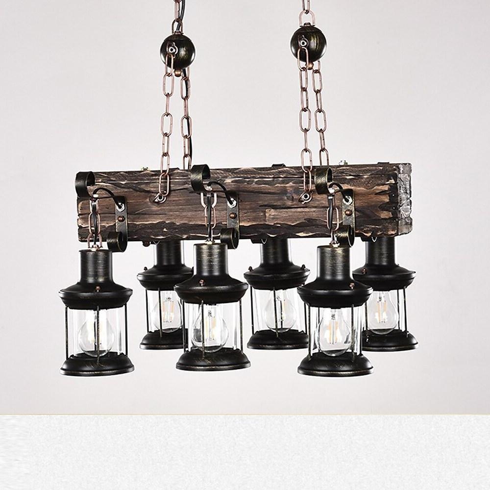 6 Light Antique Wood Lantern Chandelier Rustic Farmhouse Ceiling Pendant Light Fixture