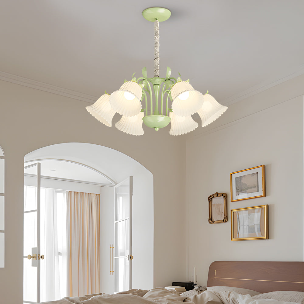 6 Light French Pastoral White Glass Flower Chandelier with Green Branches and 3 Step Dimming