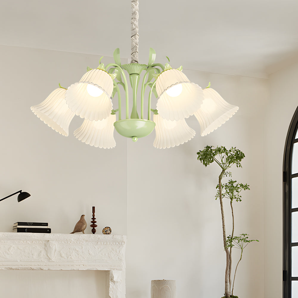 6 Light French Pastoral White Glass Flower Chandelier with Green Branches and 3 Step Dimming