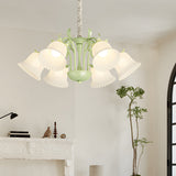 6 Light French Pastoral White Glass Flower Chandelier with Green Branches and 3 Step Dimming