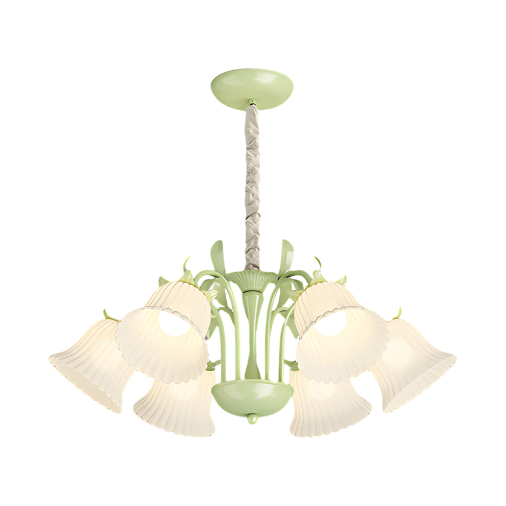 6 Light French Pastoral White Glass Flower Chandelier with Green Branches and 3 Step Dimming