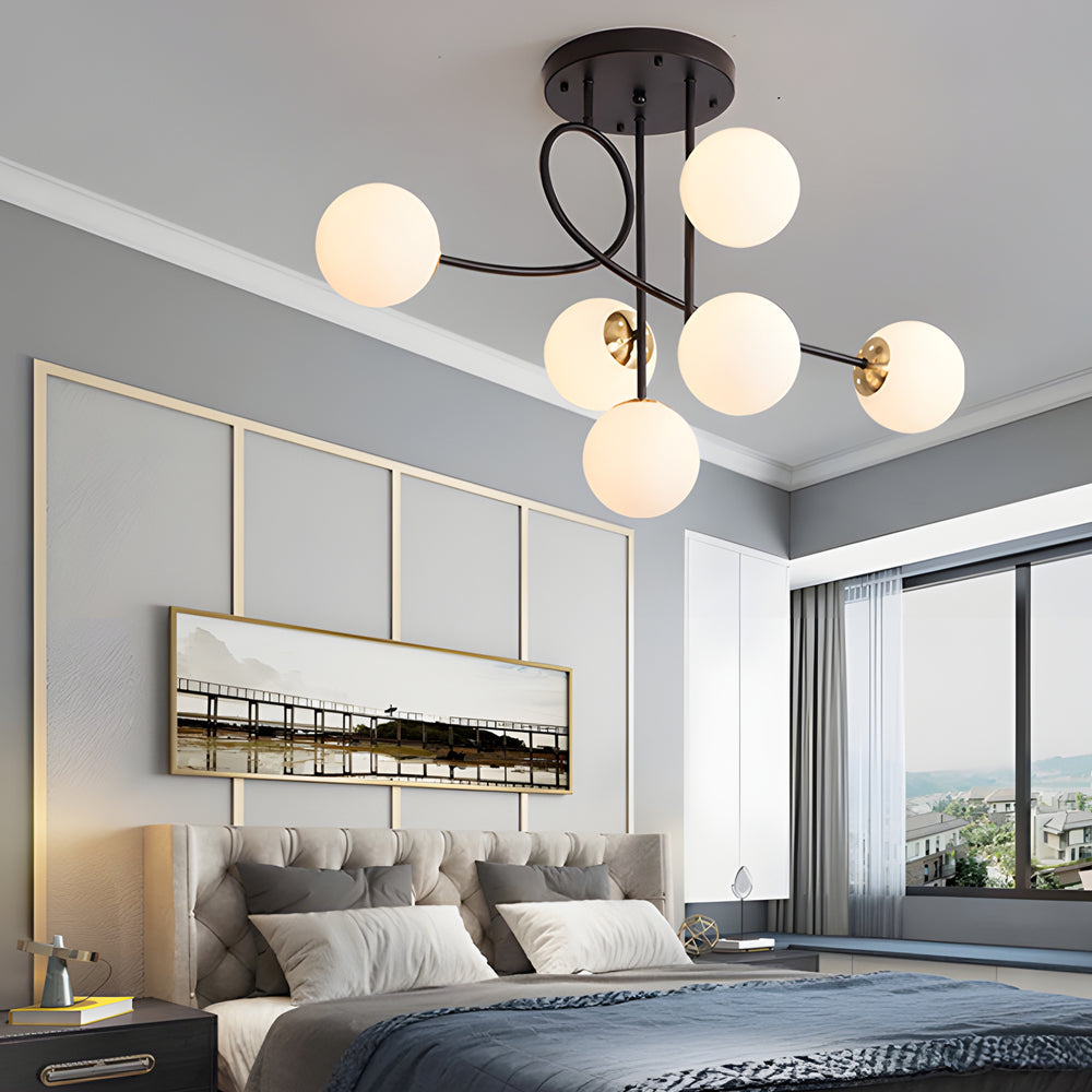 6 Light Semi Flush Mount Chandelier with Spherical Glass Shades for Bedroom Dining Room