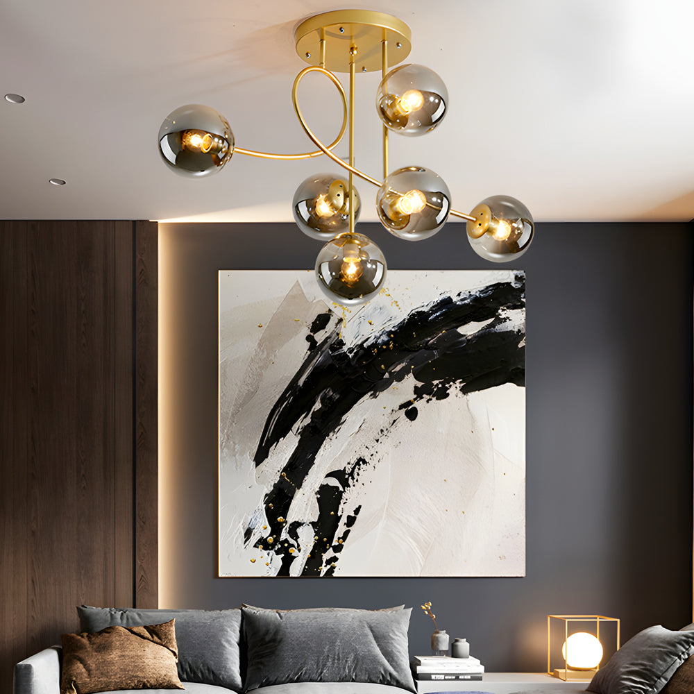 6 Light Semi Flush Mount Chandelier with Spherical Glass Shades for Bedroom Dining Room