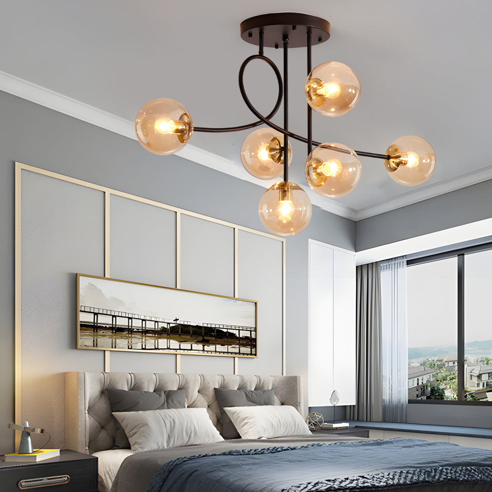 6 Light Semi Flush Mount Chandelier with Spherical Glass Shades for Bedroom Dining Room