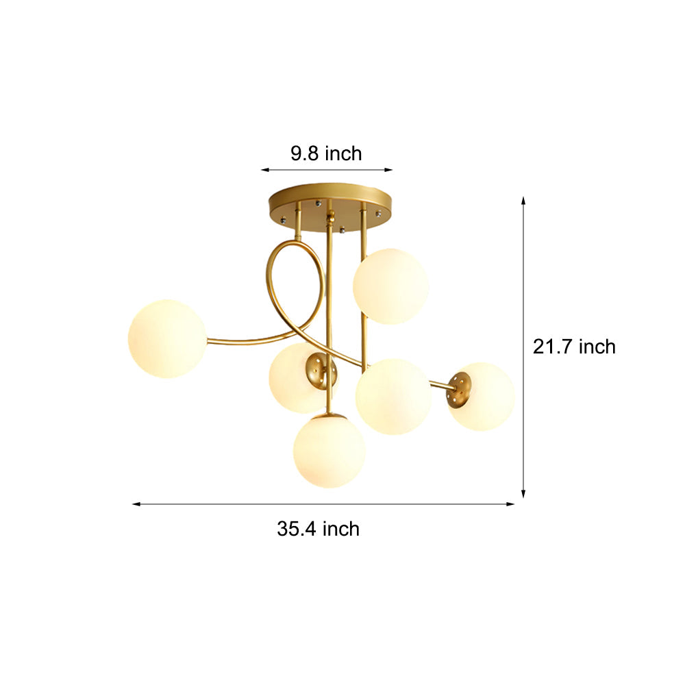 6 Light Semi Flush Mount Chandelier with Spherical Glass Shades for Bedroom Dining Room
