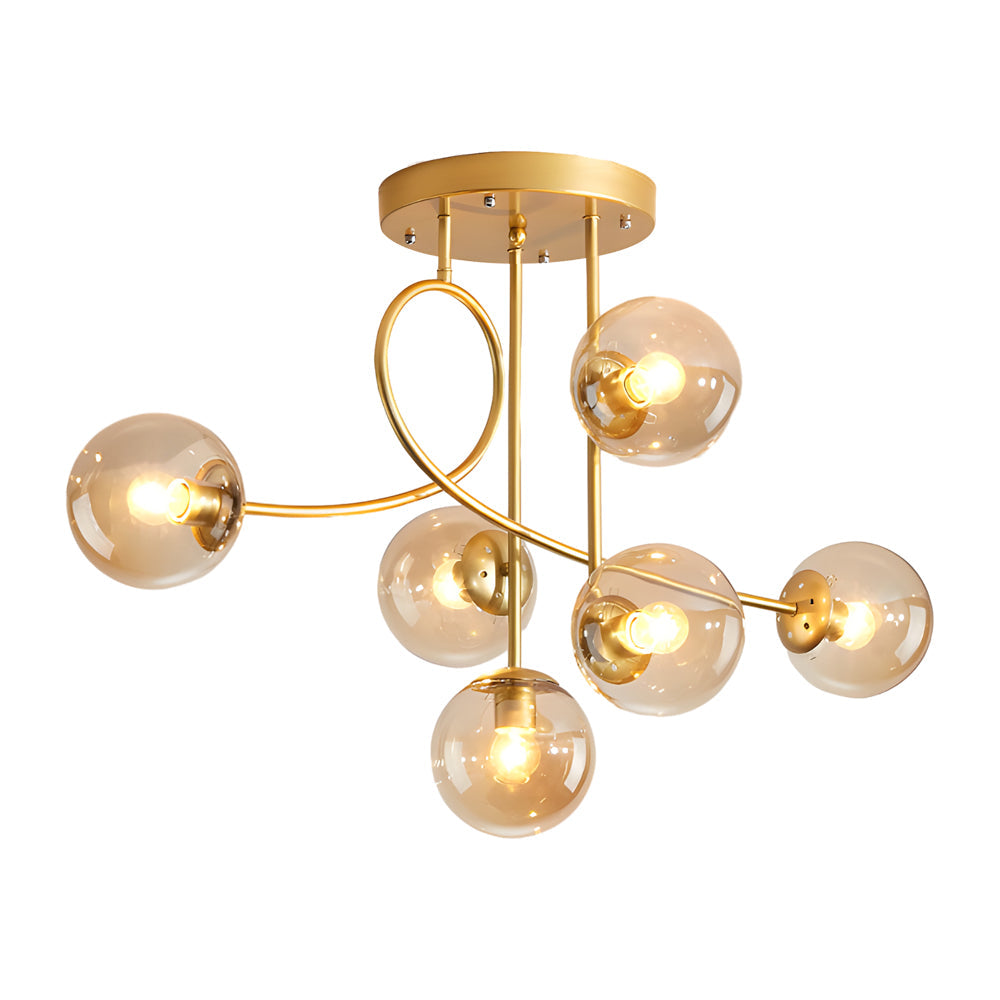 6 Light Semi Flush Mount Chandelier with Spherical Glass Shades for Bedroom Dining Room