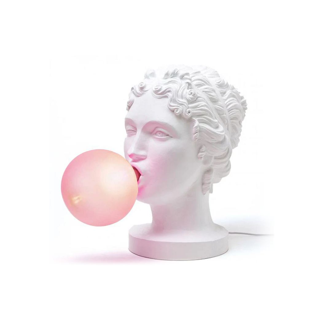 Sculptural Resin Portrait Bust Table Lamp with Pink Glass Bubble Gum Shade for Modern Interiors