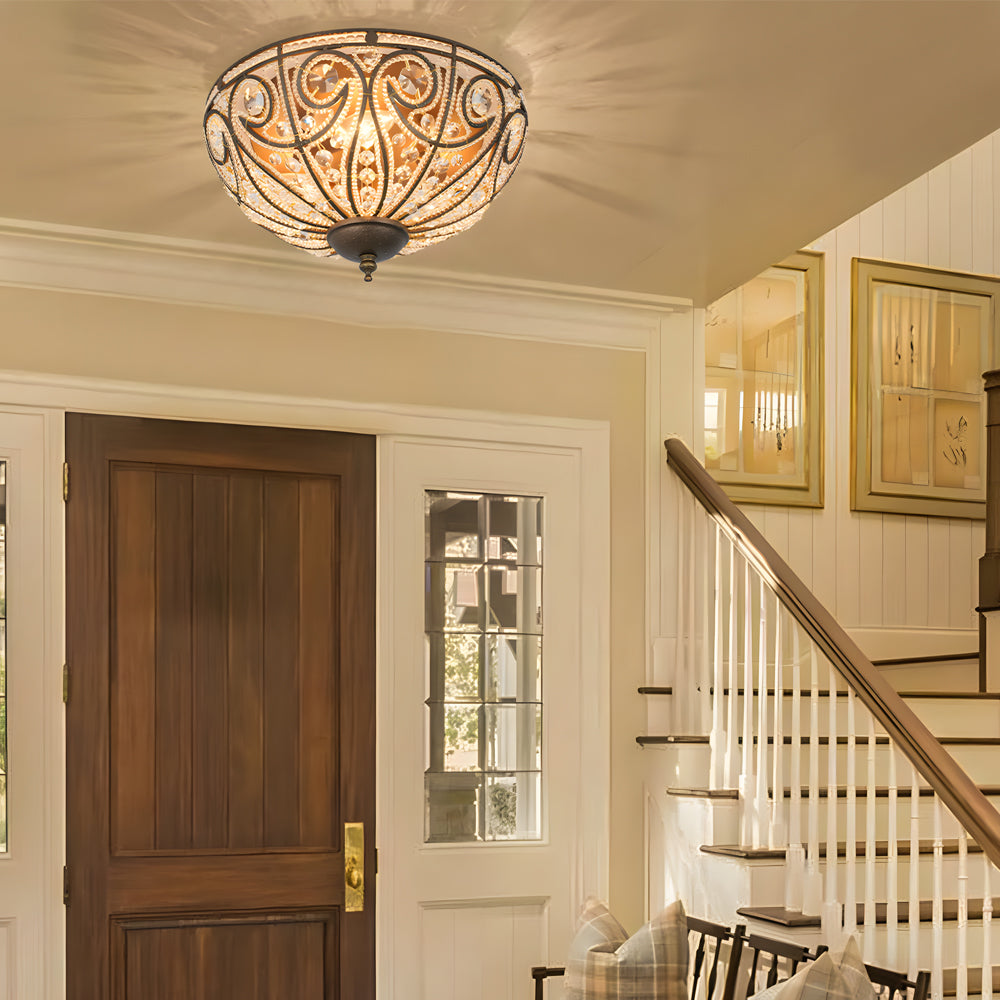Antique Bronze Roman Style Crystal Bowl Flush Mount Ceiling Light for Elegant Home Decor