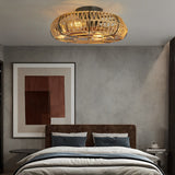 Retro Industrial Rattan Iron Bladeless Ceiling Fan with Light 6 Speeds Timing and Inverter