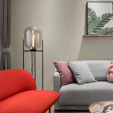 Modern Industrial Floor Lamp with Hand Blown Smoke Glass Shade and Black Metal Frame