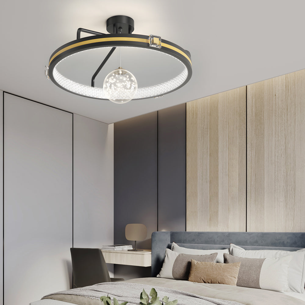 Modern Round Ring LED Ceiling Lamp with Crystal Glass Ball Decor and 3 Step Dimming Control