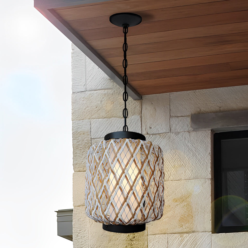 Hand Woven Rattan Outdoor Chandelier Waterproof Rustic Hanging Pendant Light for Garden Patio Yard